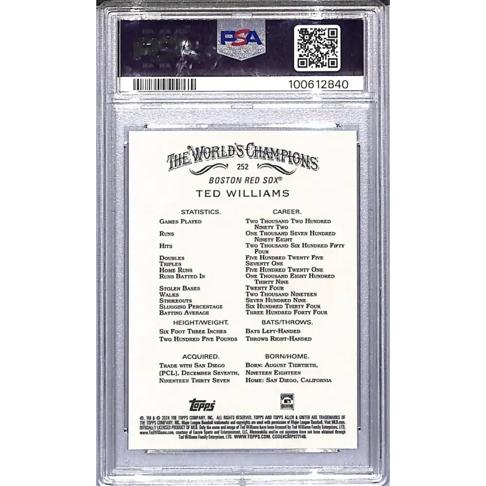 2024 Topps Topps Allen & Ginter #252 Ted Williams PSA 10 GEM MINT Boston Red Sox - Baseball Card Single
