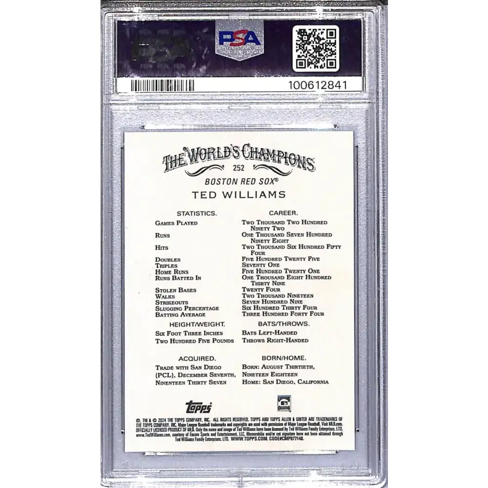 2024 Topps Allen & Ginter #252 Ted Williams PSA 10 GEM MINT Boston Red Sox - Baseball Card Single