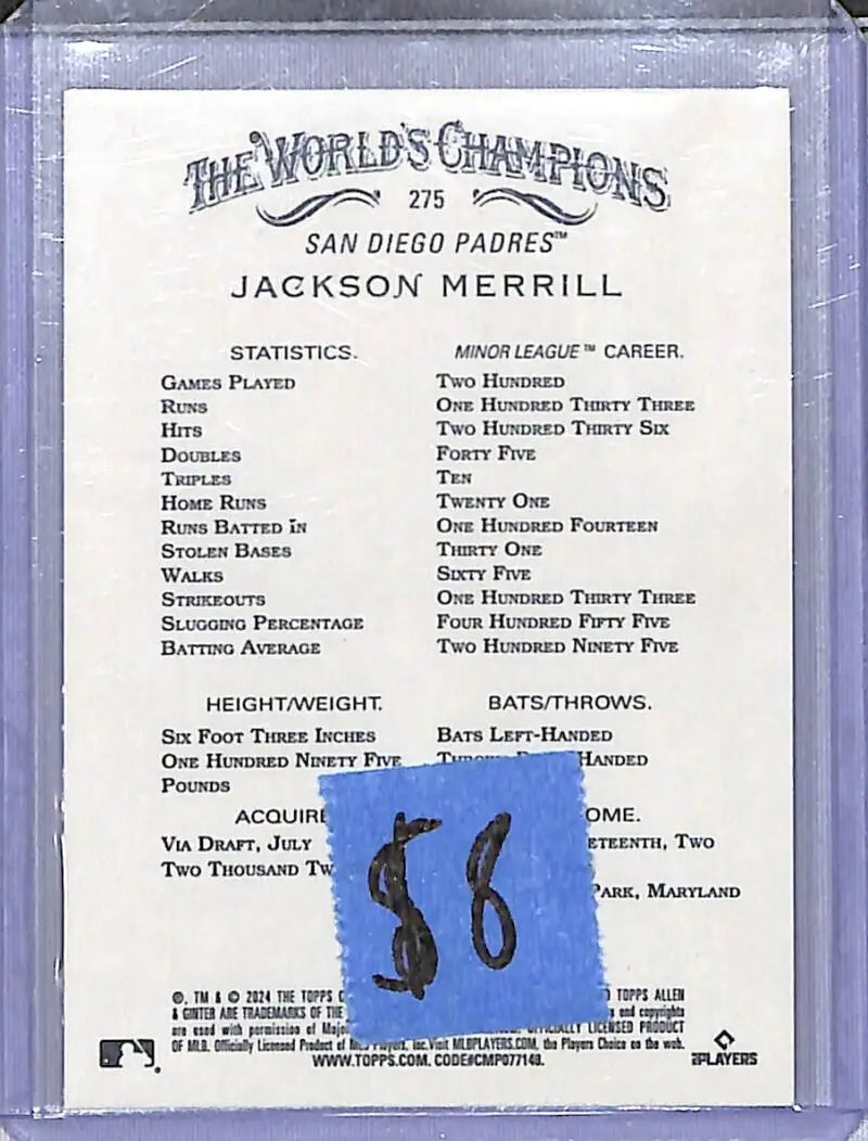 2024 Topps Allen & Ginter #275 Jackson Merrill NM-MT San Diego Padres - Baseball Card Single