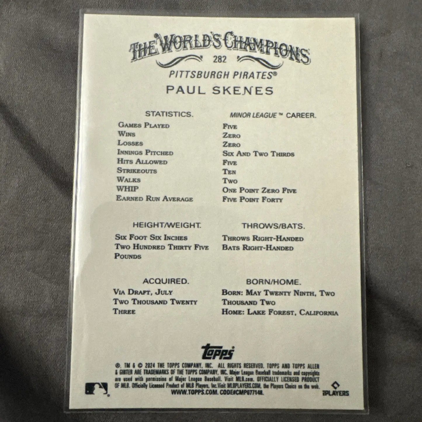 Baseball trading card featuring Paul Skenes from 2024 Topps Allen & Ginter series