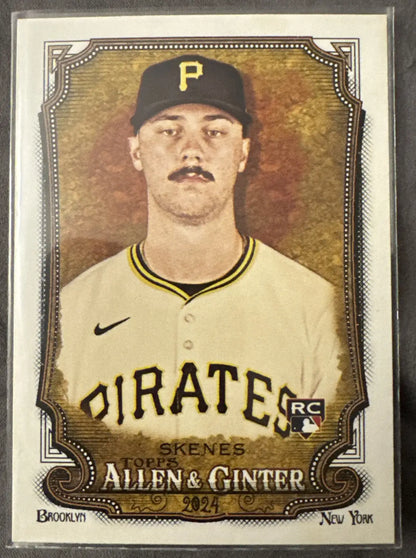 Baseball trading card featuring Paul Skenes in Pirates uniform from 2024 Topps Allen & Ginter