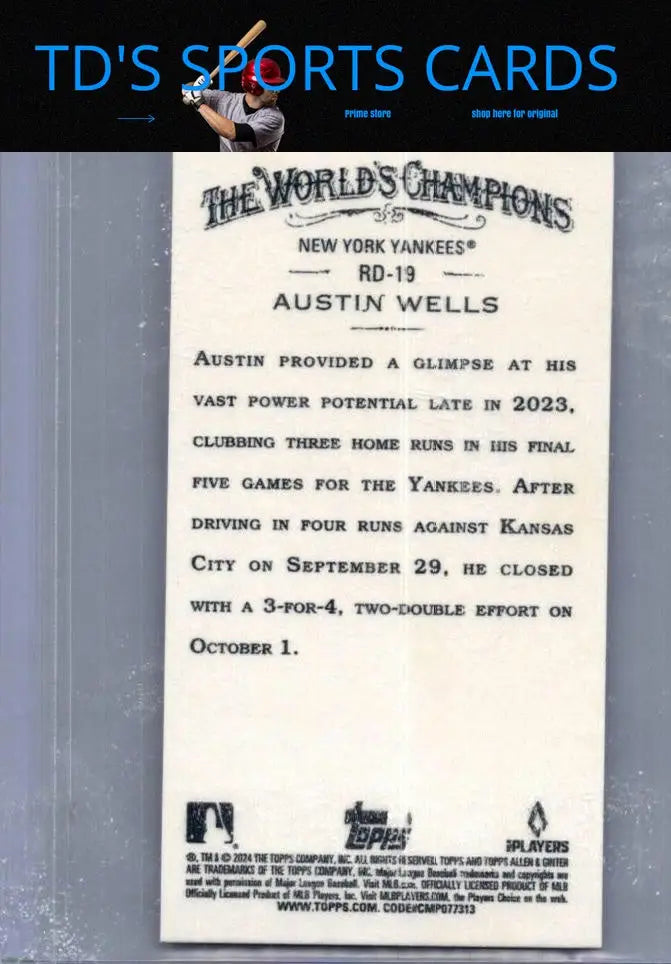 Austin Wells baseball card from 2024 Topps Allen & Ginter Wells Mini Rookie series