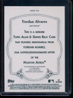 2024 Topps Allen & Ginter Yordan Alvarez #AGR-YA Game-Used Memorabilia Baseball - Baseball Card Single