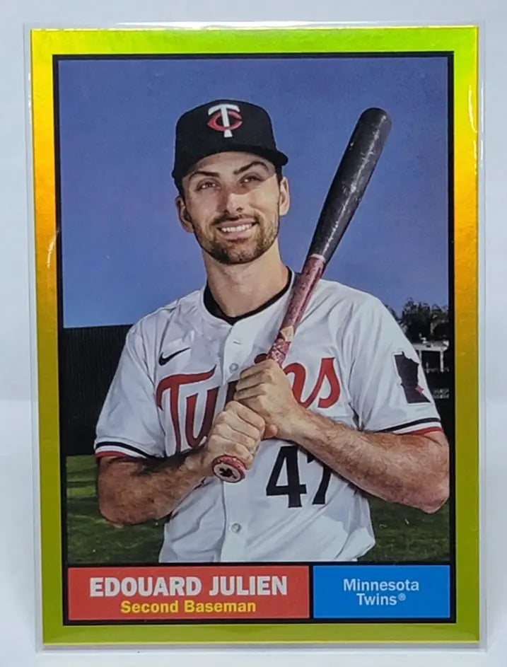 Baseball card featuring Edouard Julien in Minnesota Twins uniform on 2024 Topps Archives Yellow Foilboard