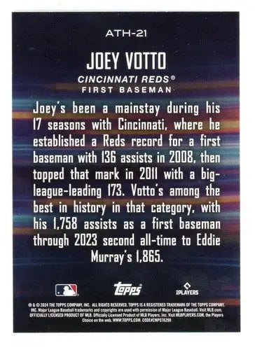 Back of 2024 Topps Around the Horn #ATH-21 Joey Votto baseball card with career assists and Reds team info
