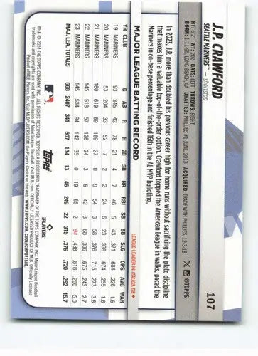 2024 Topps Big League #107 J.P. Crawford NM-MT Mariners ID:68852 - Baseball Card Single