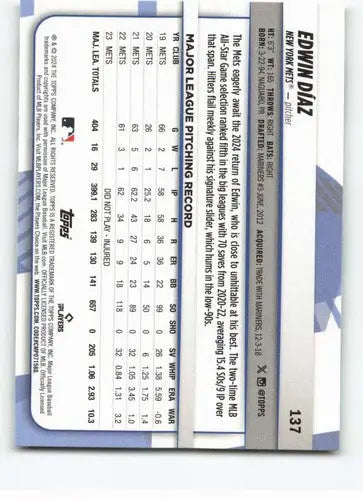 Original gloss 2024 Topps Big League Edwin Diaz baseball card Mets ID 68857