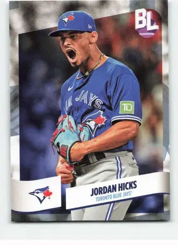 Jordan Hicks baseball card from 2024 Topps Big League with original gloss and Blue Jays theme