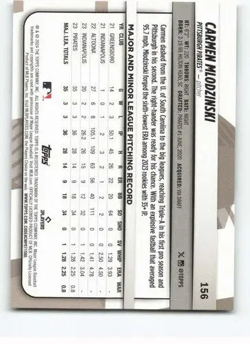 Baseball card from 2024 Topps Big League featuring Carmen Mlodzinski Rookie Pirates