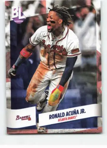 Baseball card of Ronald Acuna Jr. in white uniform for 2024 Topps Big League with dirt stains