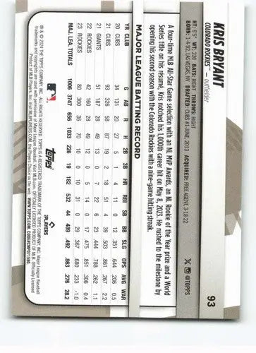 2024 Topps Big League Kris Bryant baseball card Rockies NM-MT collectible