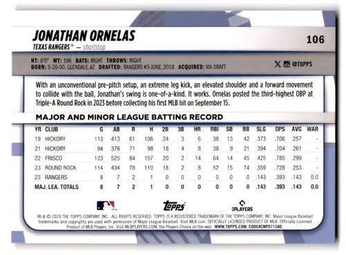 2024 Topps Big League Electric Orange #106 Jonathan Ornelas NM-MT Range ID:68806 - Baseball Card Single