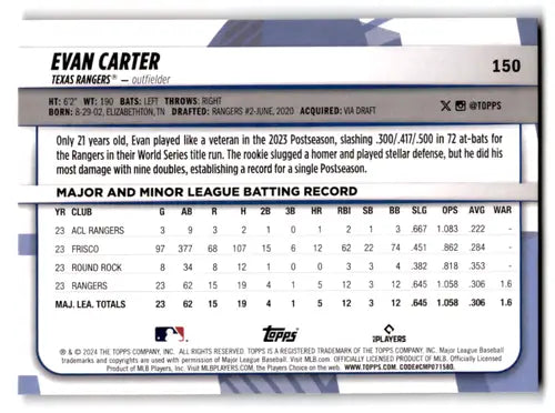 2024 Topps Big League Electric Orange #150 Evan Carter NM-MT Rangers ID:68807 - Baseball Card Single