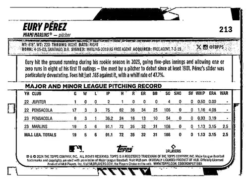 2024 Topps Big League Electric Orange #213 Eury Perez NM-MT Marlins - Baseball Card Single