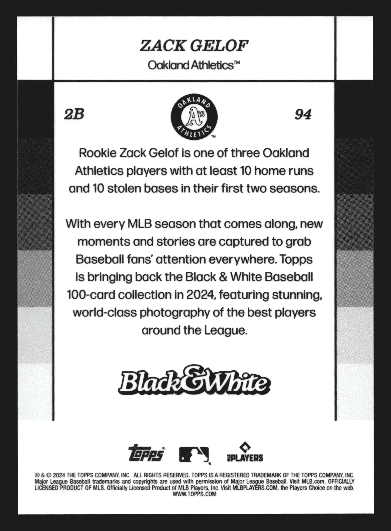 2024 Topps Black & White #94 Zack Gelof Athletics RC - Baseball Card Single
