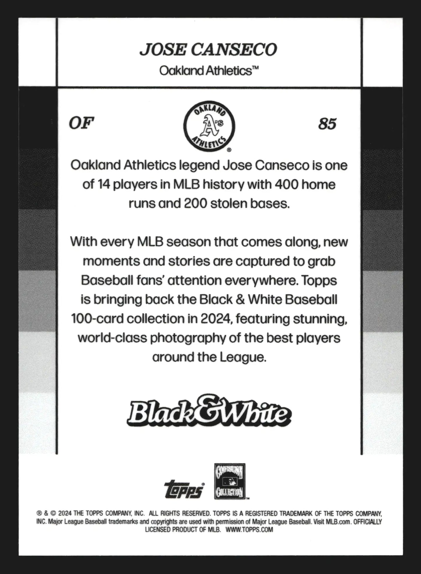 2024 Topps Black & White Jose Canseco #85 Oakland Athletics - Baseball Card Single