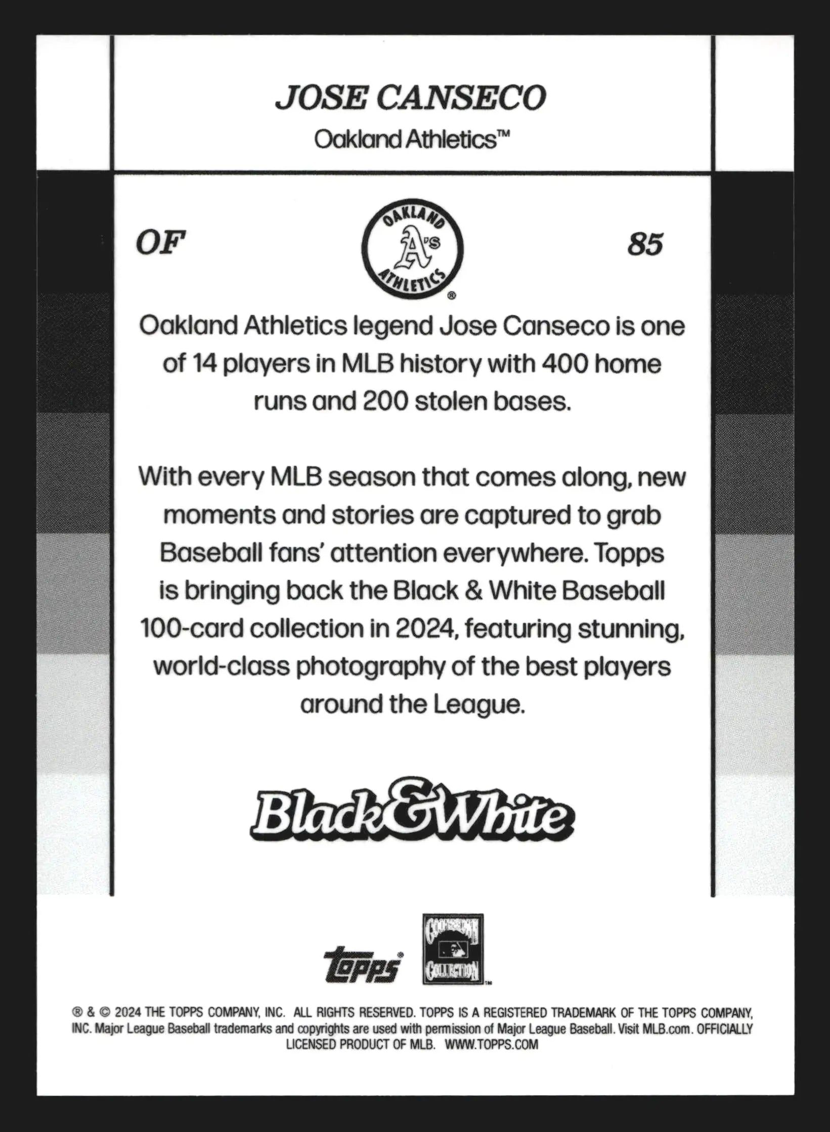 2024 Topps Black & White Jose Canseco #85 Oakland Athletics - Baseball Card Single