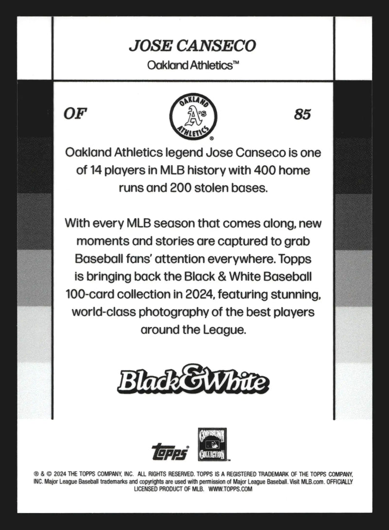 2024 Topps Black & White Jose Canseco #85 Oakland Athletics - Baseball Card Single