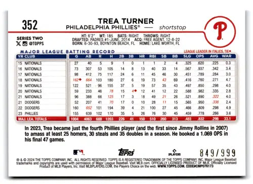 2024 Topps Blue Foil #352 Trea Turner NM-MT 849/999 Phillies ID:75320 - Baseball Card Single