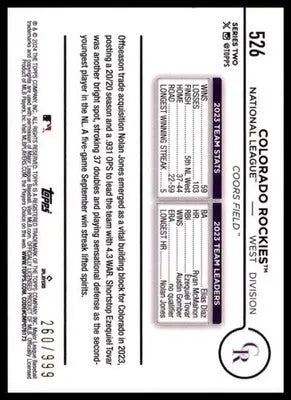 2024 Topps - Blue Holofoil Colorado Rockies 526 /999 Colorado Rockies NM - Baseball Card Single