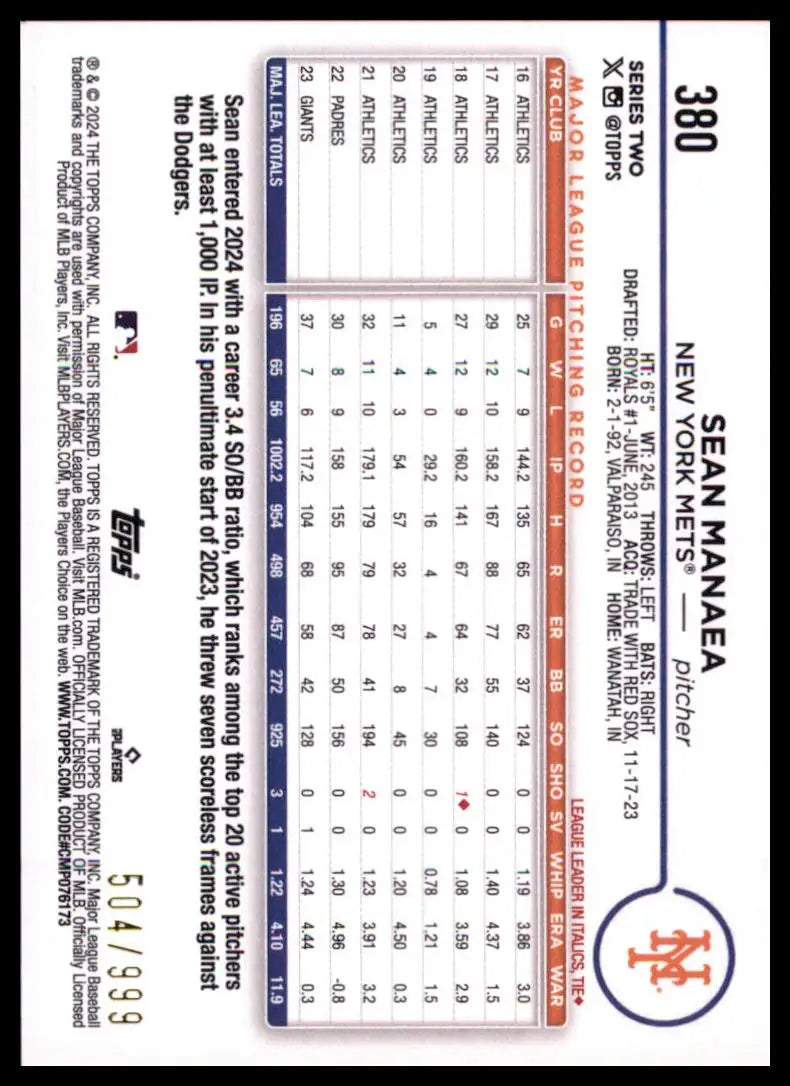 2024 Topps - Blue Holofoil Sean Manaea 380 /999 New York Mets Baseball NM - Baseball Card Single