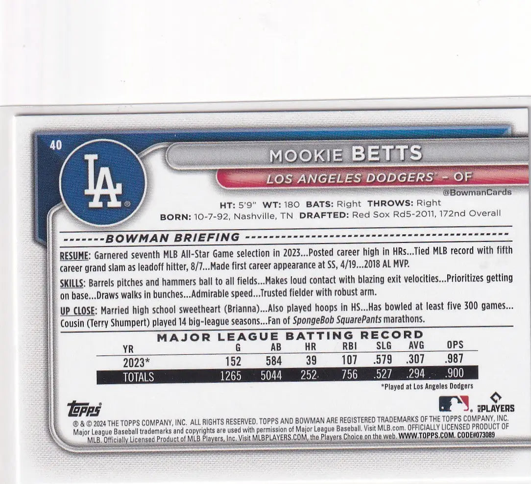 2024 TOPPS BOWMAN #40 MOOKIE BETTS- LOS ANGELES DODGERS - Baseball Card Single
