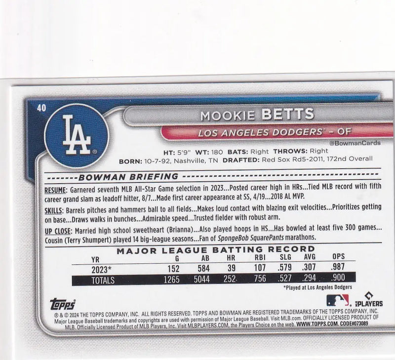 2024 TOPPS BOWMAN #40 MOOKIE BETTS- LOS ANGELES DODGERS - Baseball Card Single