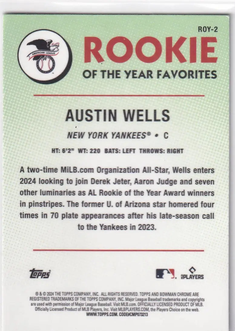 2024 TOPPS BOWMAN CHROME #ROY-2 AUSTIN WELLS ROOKIE OF THE YEAR- NEW YORK YANKEE - Baseball Card Single