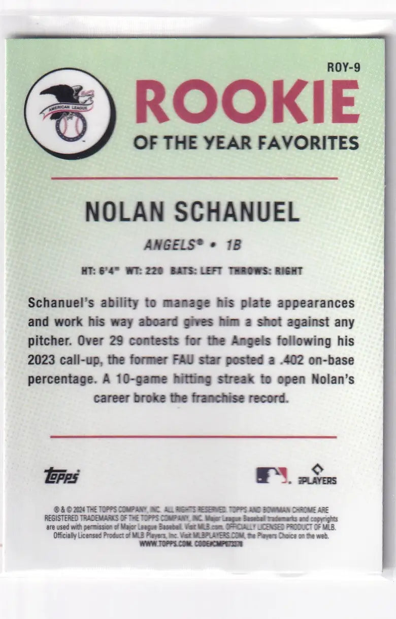 2024 TOPPS BOWMAN CHROME #ROY-9 NOLAN SCHANUEL ROOKIE OF YEAR- ANGELS - Baseball Card Single