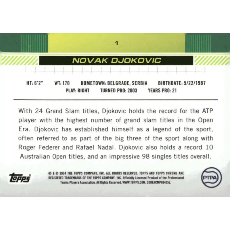 2024 Topps Chrome #1 Novak Djokovic EX Excellent Tennis Card - Tennis Card Single