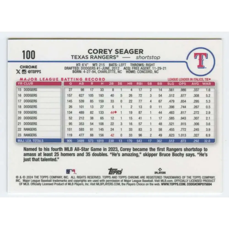 2024 Topps Chrome #100 Corey Seager NM-MT Texas Rangers Baseball Card - Baseball Card Single