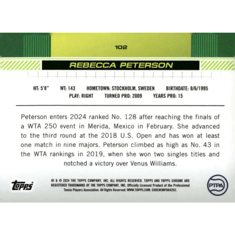 2024 Topps Chrome #102 Rebecca Peterson EX Excellent Tennis Card - Tennis Card Single
