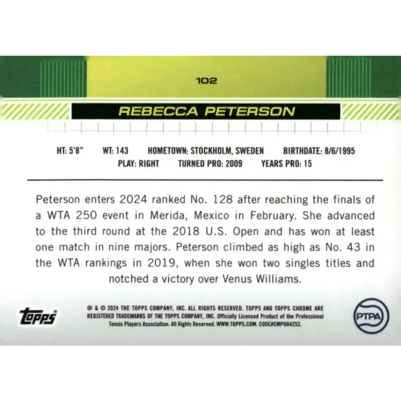2024 Topps Chrome #102 Rebecca Peterson EX Excellent Tennis Card - Tennis Card Single