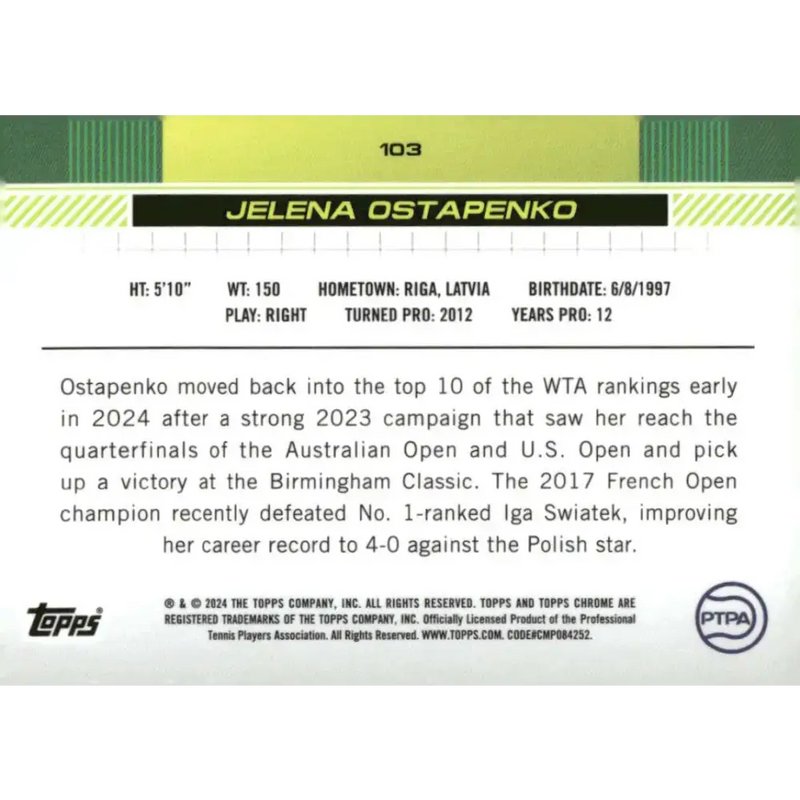 2024 Topps Chrome #103 Jelena Ostapenko EX Excellent Tennis Card - Other
