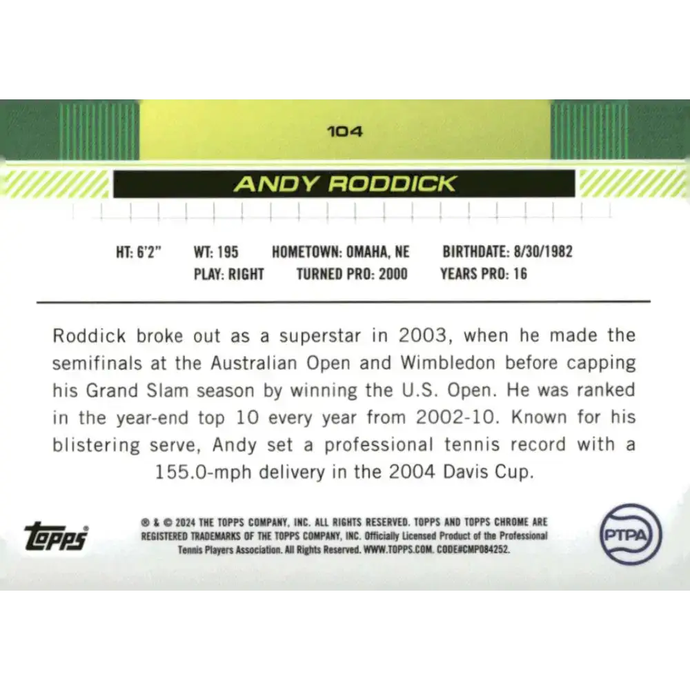 2024 Topps Chrome #104 Andy Roddick EX Excellent Tennis Card - Other