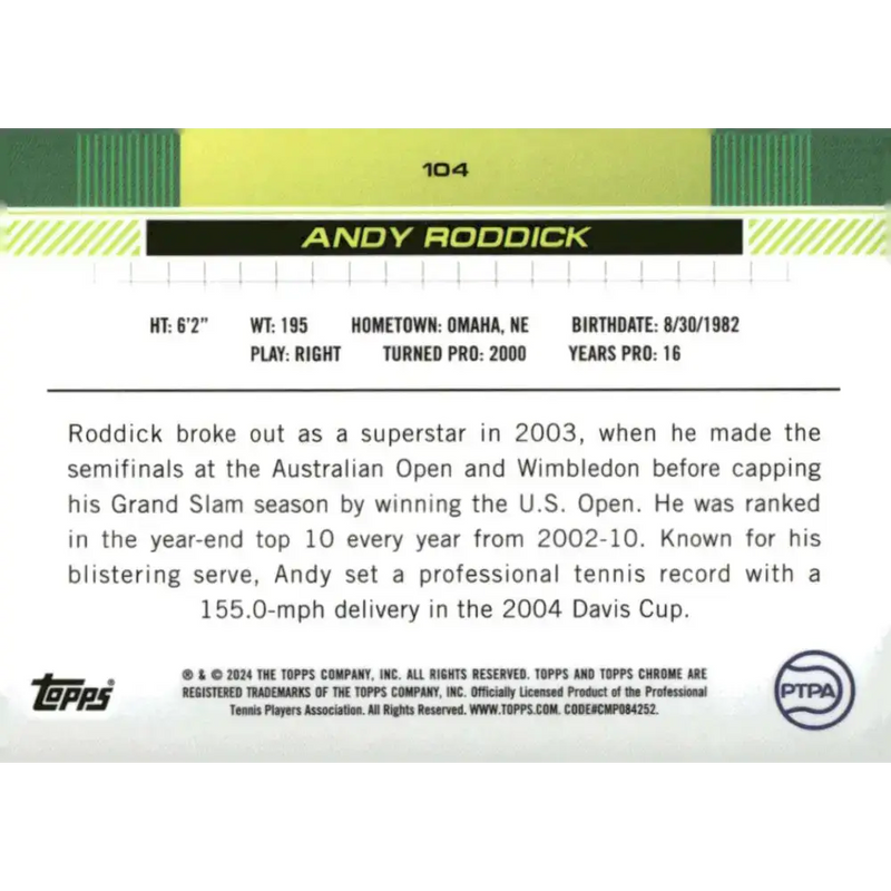 2024 Topps Chrome #104 Andy Roddick EX Excellent Tennis Card - Other