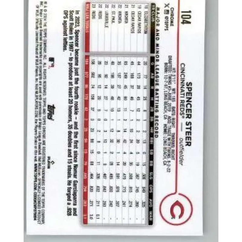 2024 Topps Chrome #104 Spencer Steer NM-MT Cincinnati Reds Baseball Card - Baseball Card Single