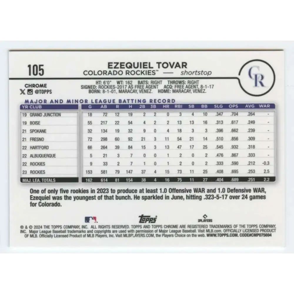 2024 Topps Chrome #105 Ezequiel Tovar NM-MT Colorado Rockies Baseball Card - Baseball Card Single