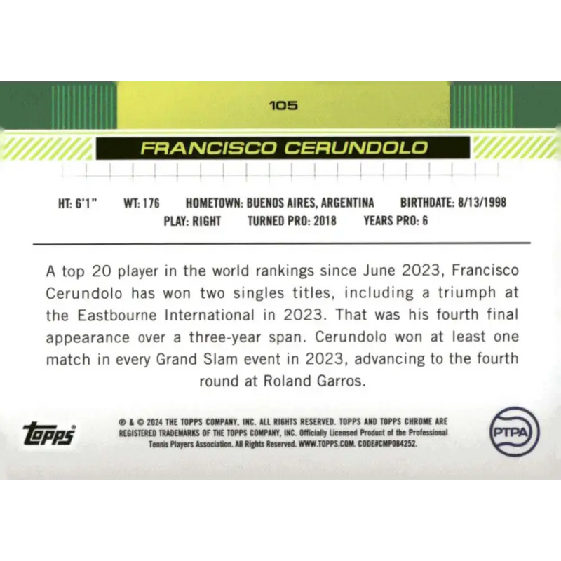 2024 Topps Chrome #105 Francisco Cerundolo EX Excellent Tennis Card - Tennis Card Single
