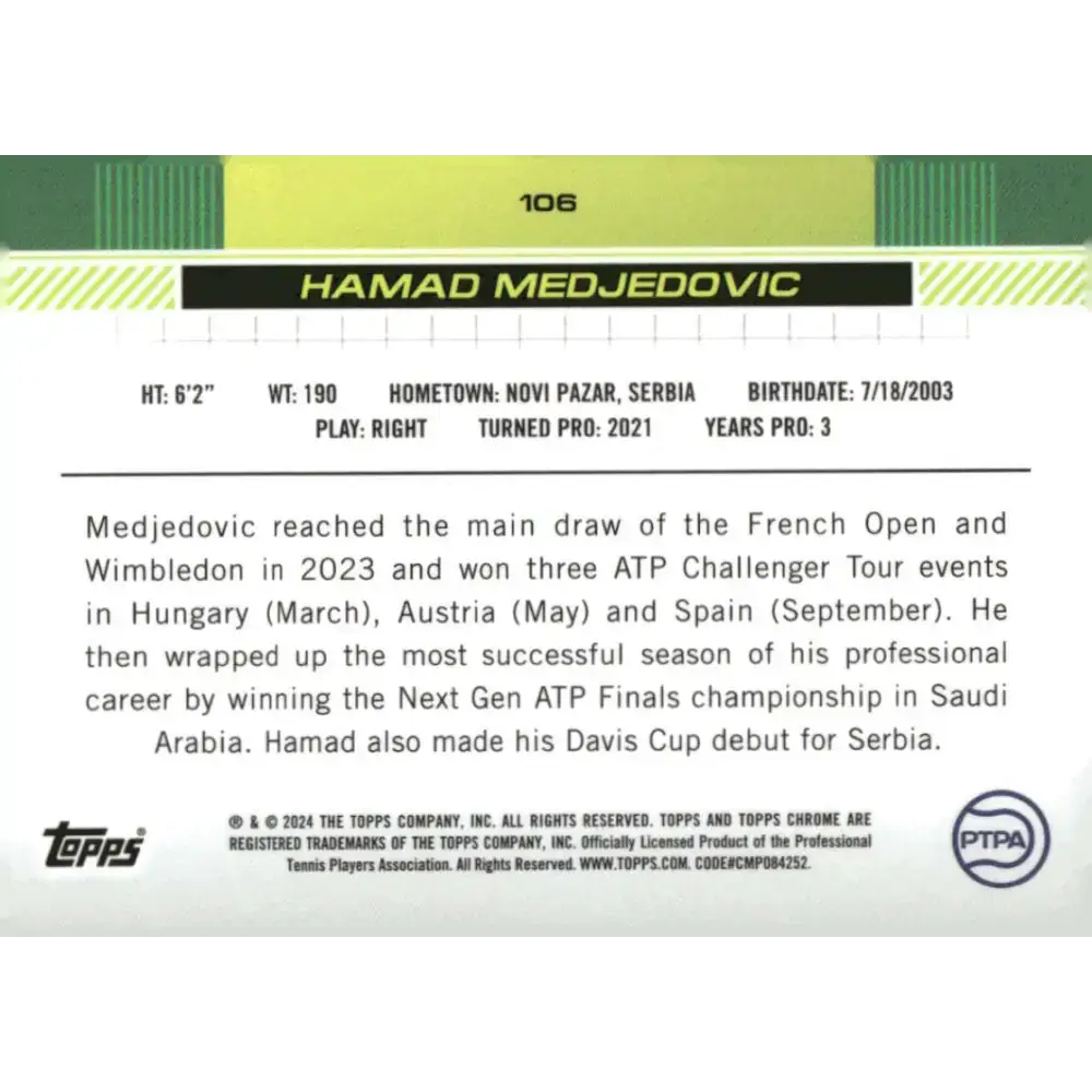 2024 Topps Chrome #106 Hamad Medjedovic EX Excellent RC Rookie Tennis Card - Tennis Card Single