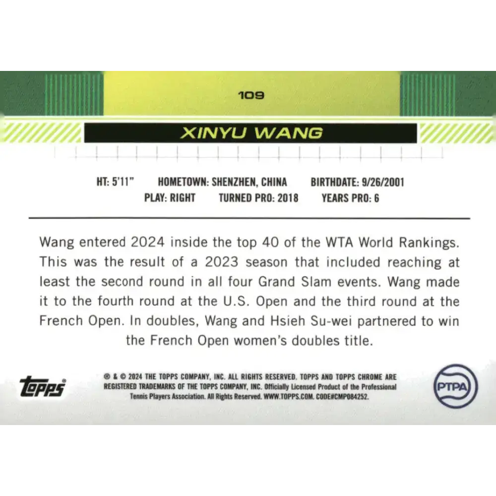 2024 Topps Chrome #109 Xinyu Wang EX Excellent Tennis Card - Other