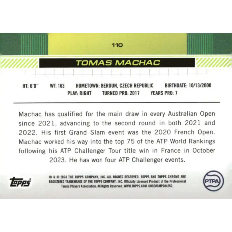 2024 Topps Chrome #110 Tomas Machac EX Excellent Tennis Card - Other