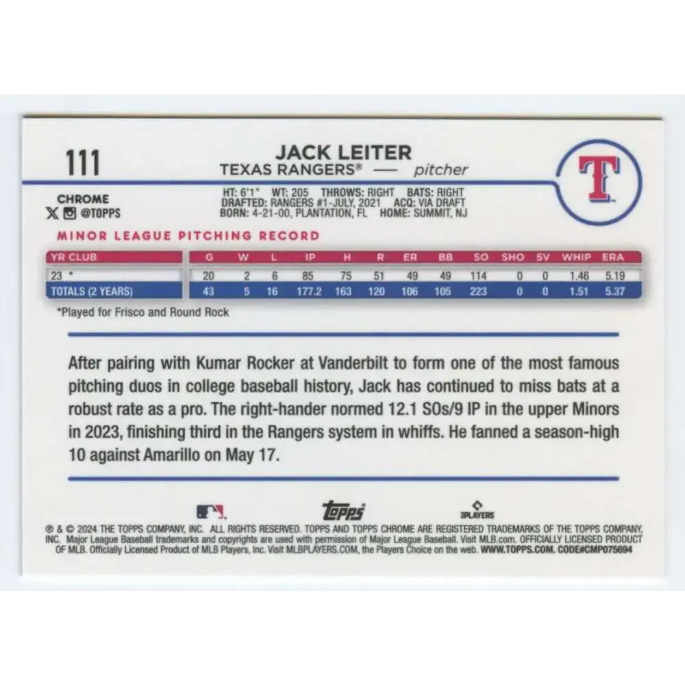 2024 Topps Chrome #111 Jack Leiter NM-MT RC Rookie Texas Rangers Baseball Card - Baseball Card Single