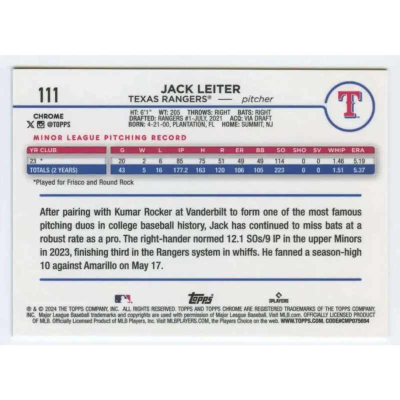 2024 Topps Chrome #111 Jack Leiter NM-MT RC Rookie Texas Rangers Baseball Card - Baseball Card Single