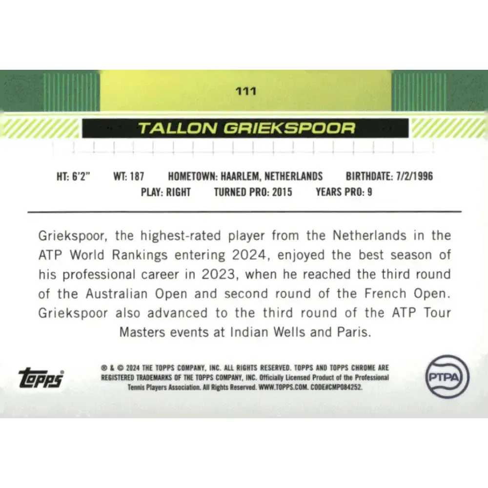 2024 Topps Chrome #111 Tallon Griekspoor EX Excellent Tennis Card - Other