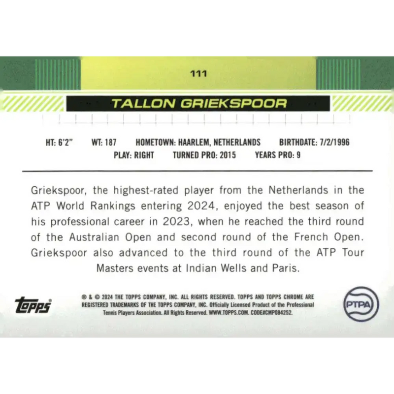 2024 Topps Chrome #111 Tallon Griekspoor EX Excellent Tennis Card - Other