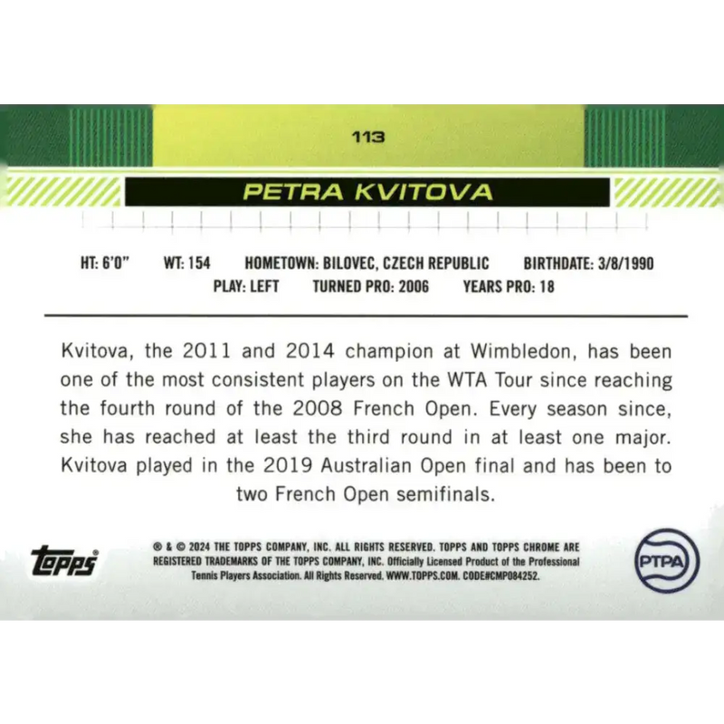2024 Topps Chrome #113 Petra Kvitova EX Excellent Tennis Card - Tennis Card Single