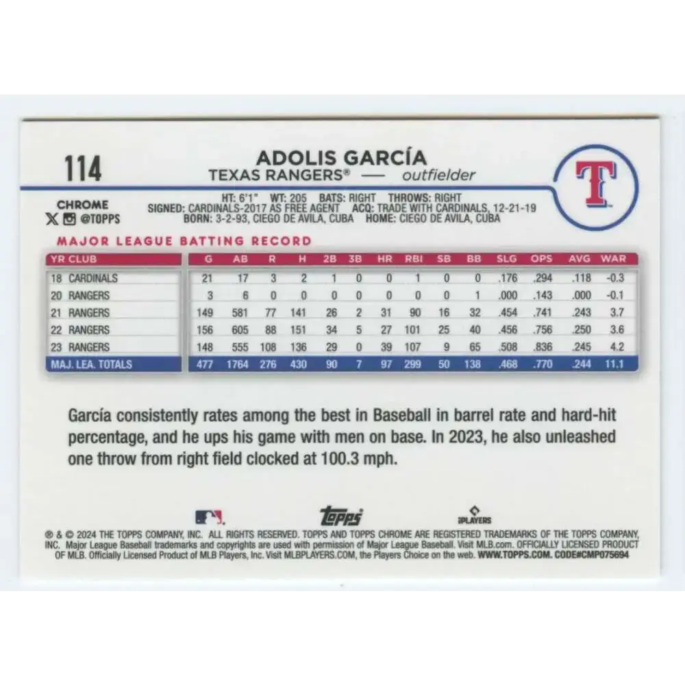 2024 Topps Chrome #114 Adolis Garcia NM-MT Texas Rangers Baseball Card - Baseball Card Single