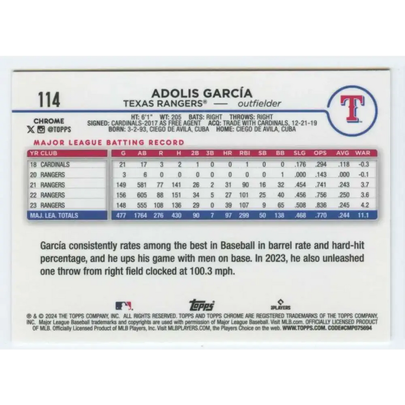 2024 Topps Chrome #114 Adolis Garcia NM-MT Texas Rangers Baseball Card - Baseball Card Single