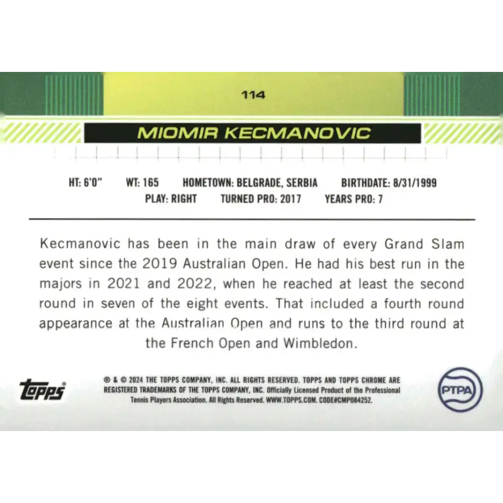 2024 Topps Chrome #114 Miomir Kecmanovic EX Excellent Tennis Card - Tennis Card Single